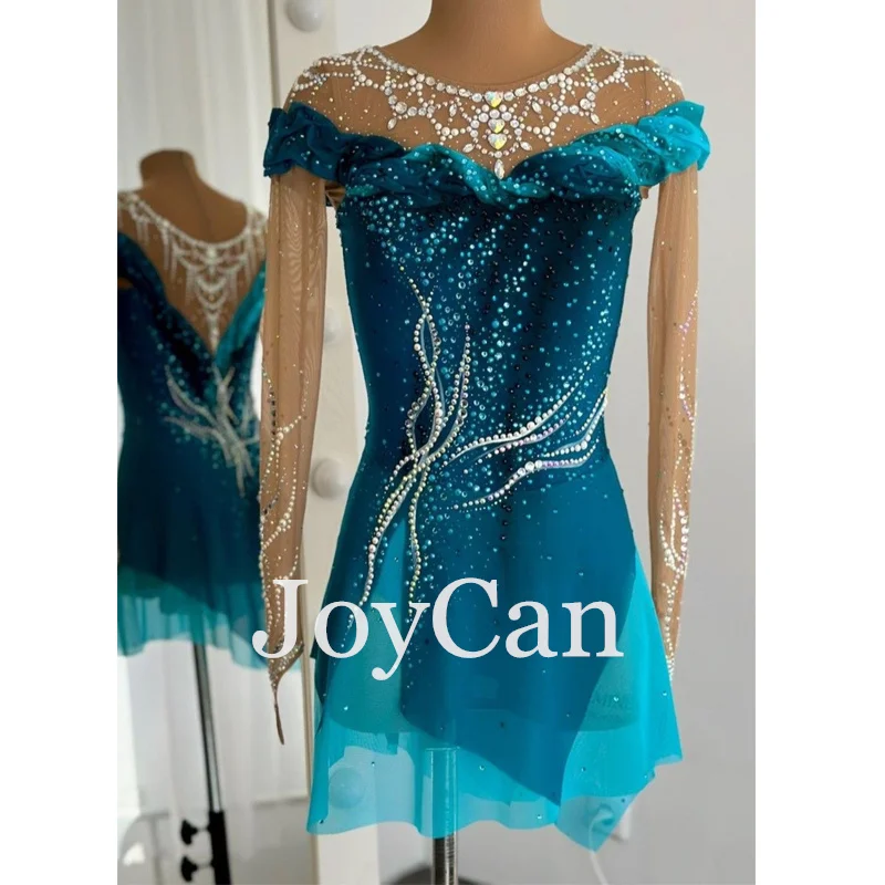JoyCan Ice Figure Skating Dress Girls Turquoise Spandex Stretchy Competition Dance Wear Customized