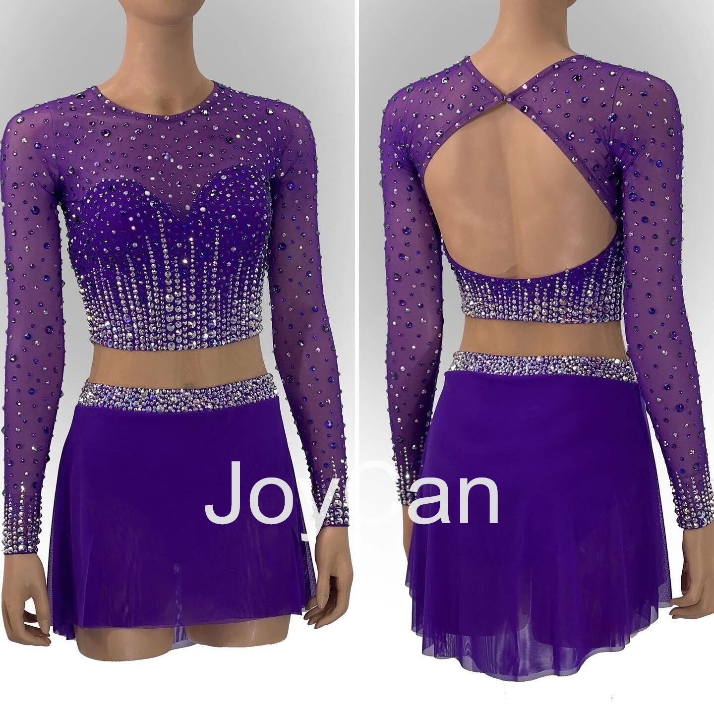 JoyCan Ice Figure  Skating  Dress Girls Purple Spandex Stretchy Mesh Competition Dance Wear Customized