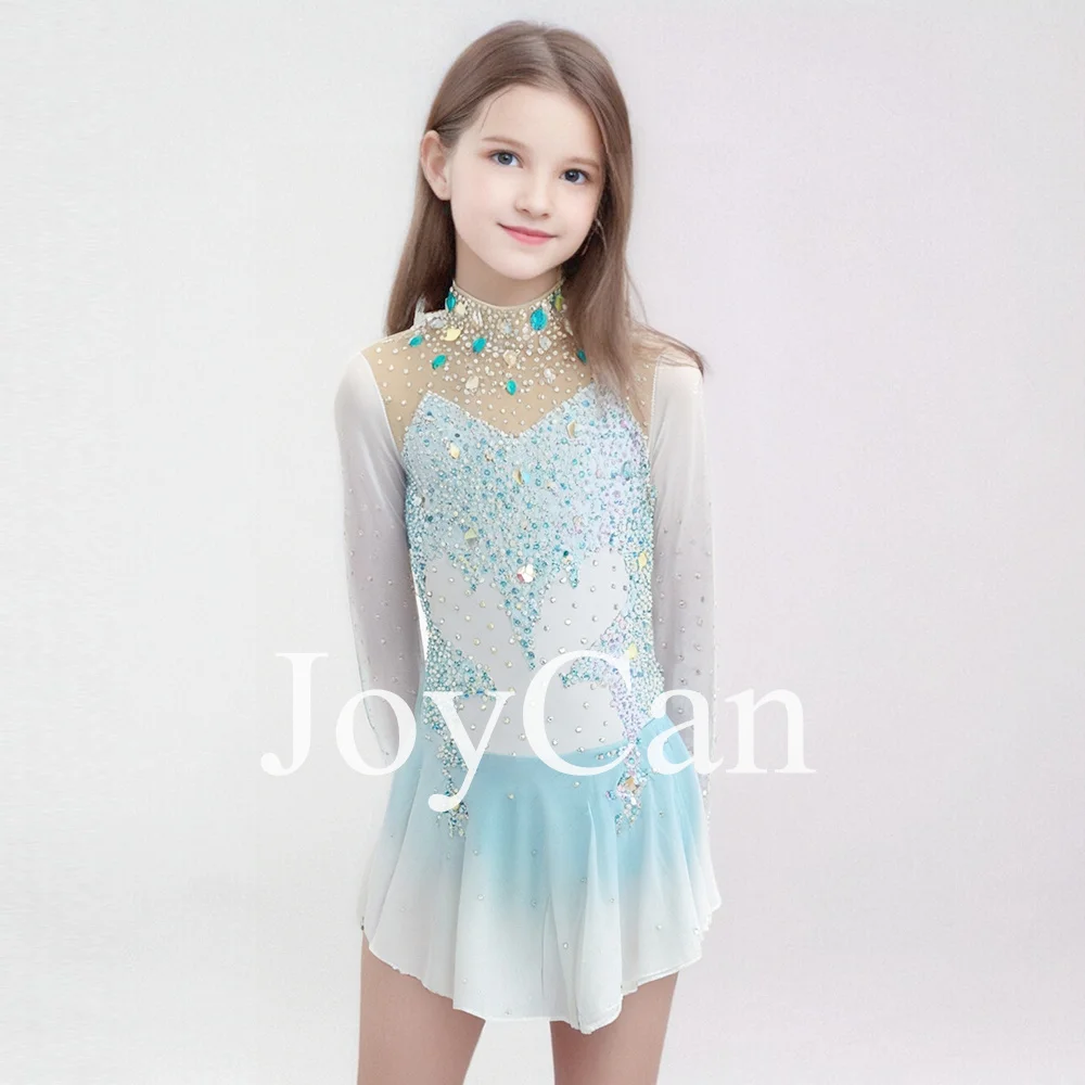 JoyCan Figure skating dress Girls Women Light Blue Spandex Elegant Dance Wear for Competitiion