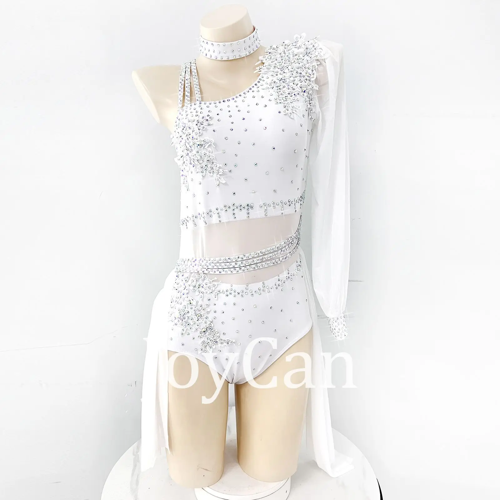 JoyCan White Lyrical Dance Costumes Girls Women Stretchy Spandex Solo Duet Stage wear