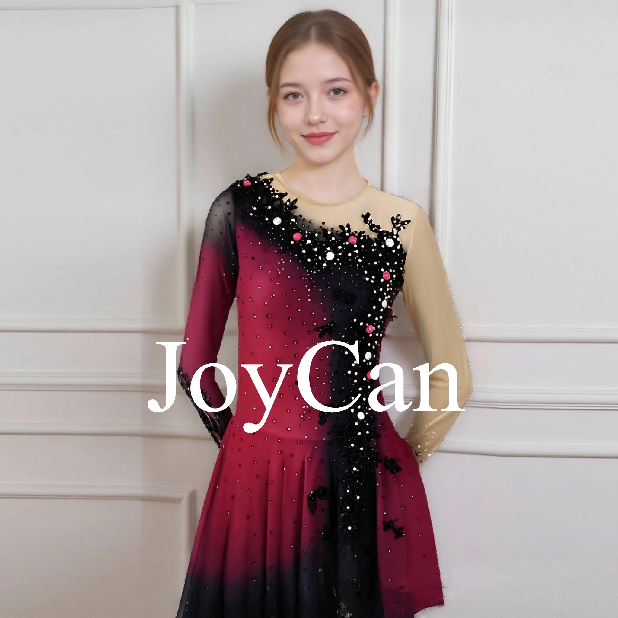 JoyCan Girls Ice Figure Skating Dress Short Sleeves Spandex Mesh Ballroom Performance Wear Latin Dance Costume
