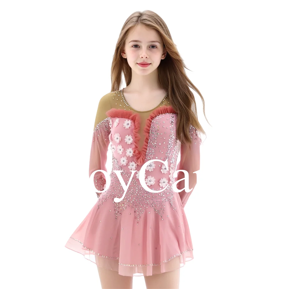 JoyCan Kids Shiny Rhinestones Cheer Mesh Long Sleeves Figure Ice Skating Dance Dress for Girls