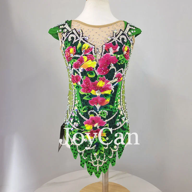 JoyCan Rhthmic Gymnastics Leotards Girls Women Green Spandex Elegant Dance Wear for Competitiion