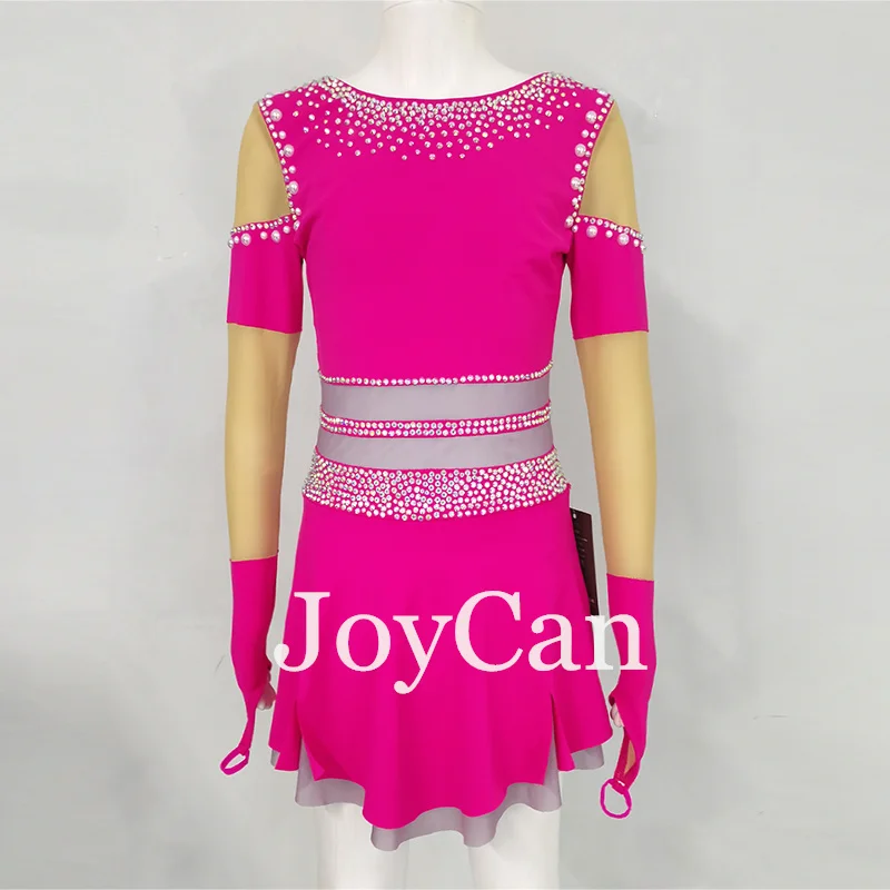 JoyCan Ice Figure Skating Dress Girls Pink Spandex Stretchy Competition Dance Wear Customized
