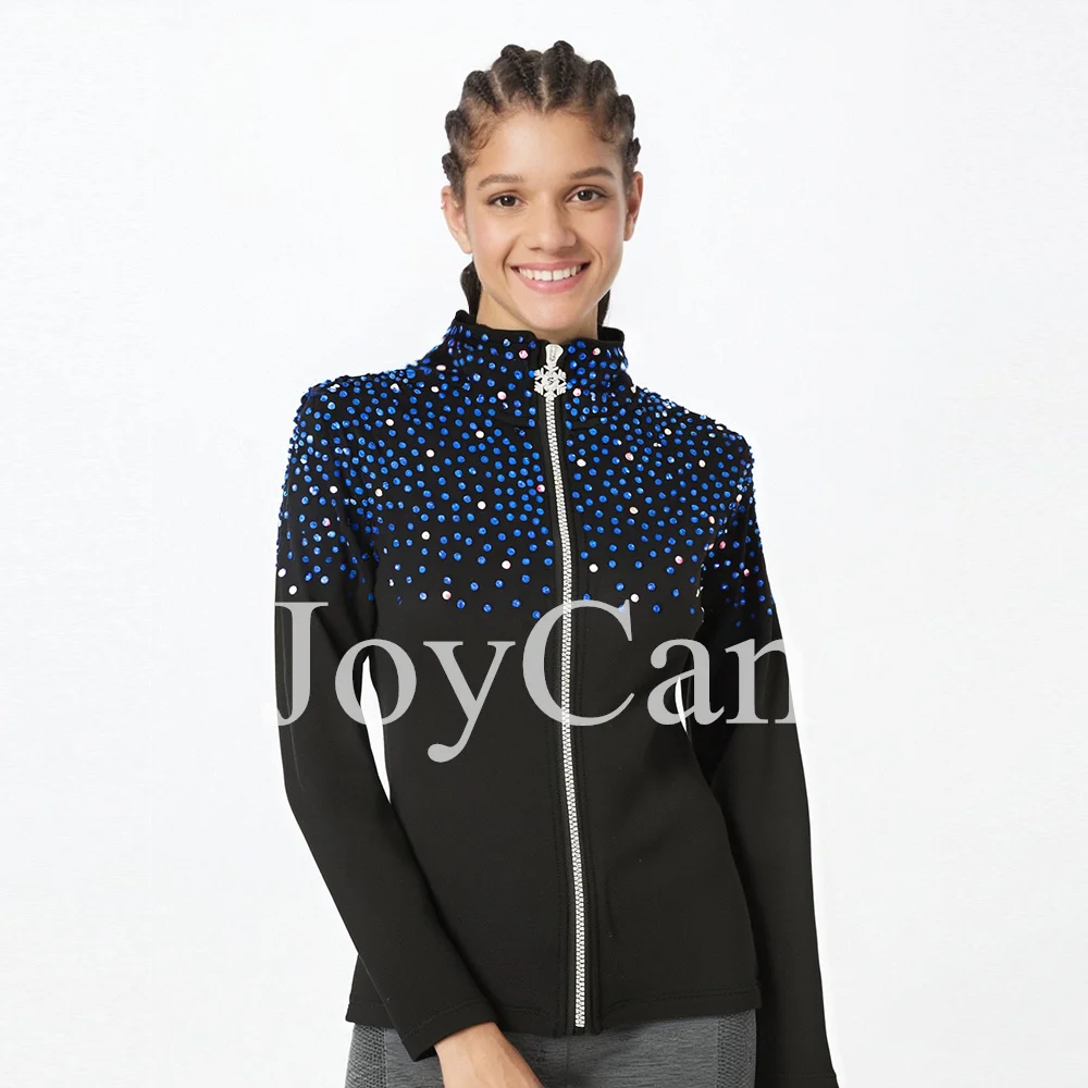 JoyCan Ice Figure Skating Jackets Girls Black and Blue with Stones Training Practice Fleece Customized