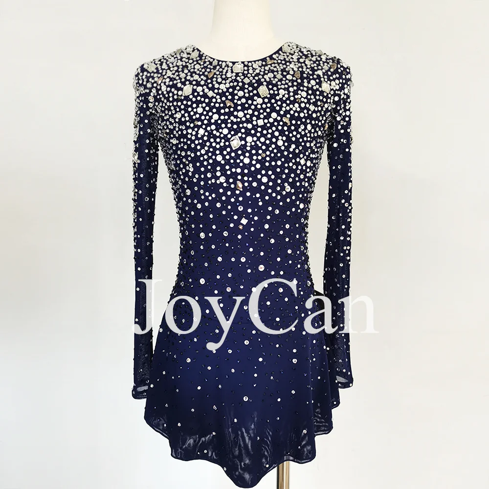 JoyCan Ice Figure  Skating  Dress Girls Blue Spandex Stretchy Mesh Competition Dance Wear Customized
