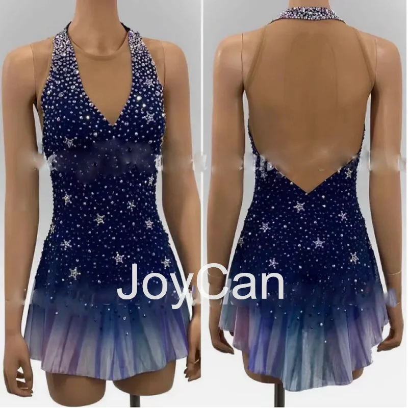 JoyCan Ice Figure Skating Dress Girls Blue Spandex Stretchy Competition Dance Wear Customized