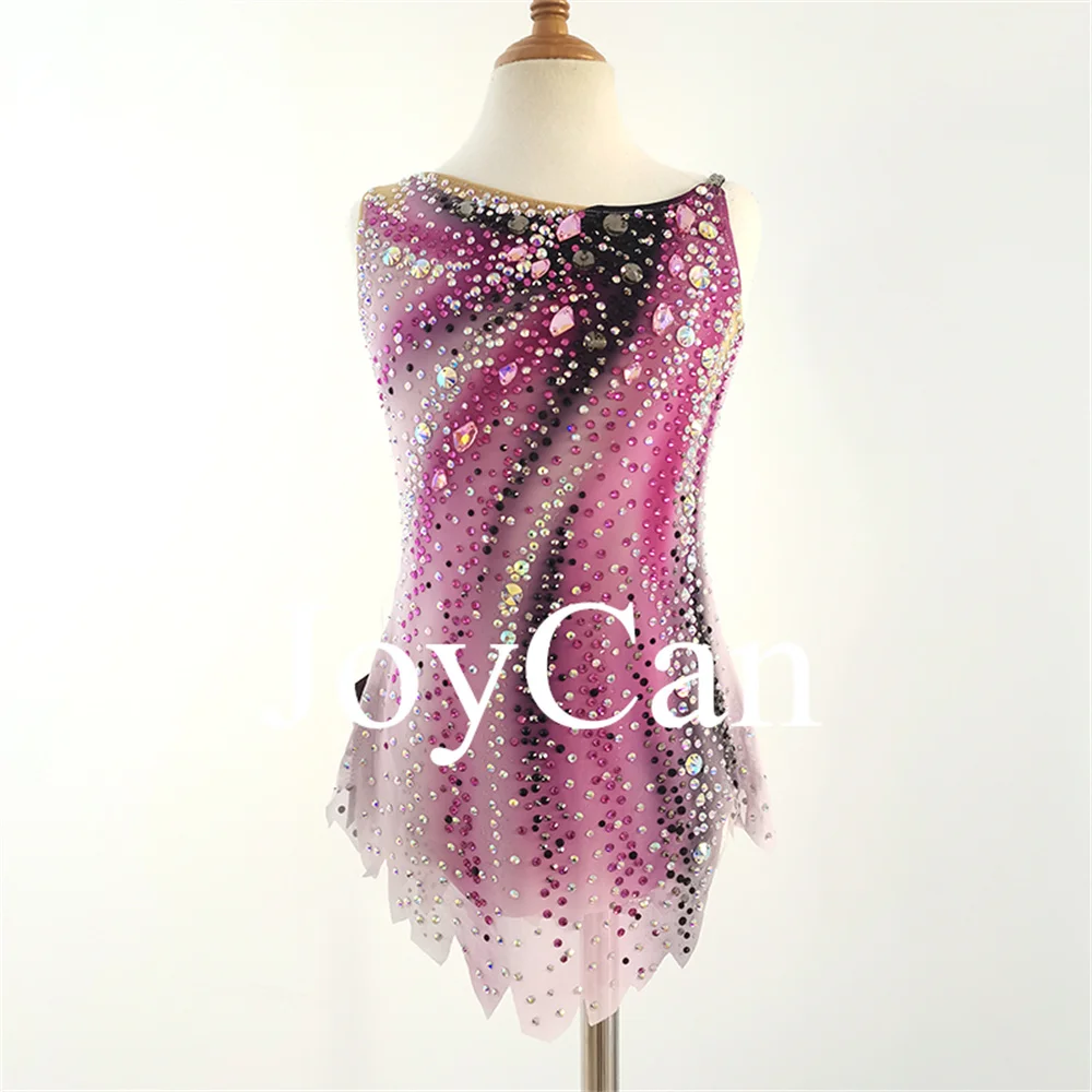JoyCan Rhythmic Gymnastic Leotard Spandex Dance Wear with Purple Sublimation Rhinestones for Children's Competition