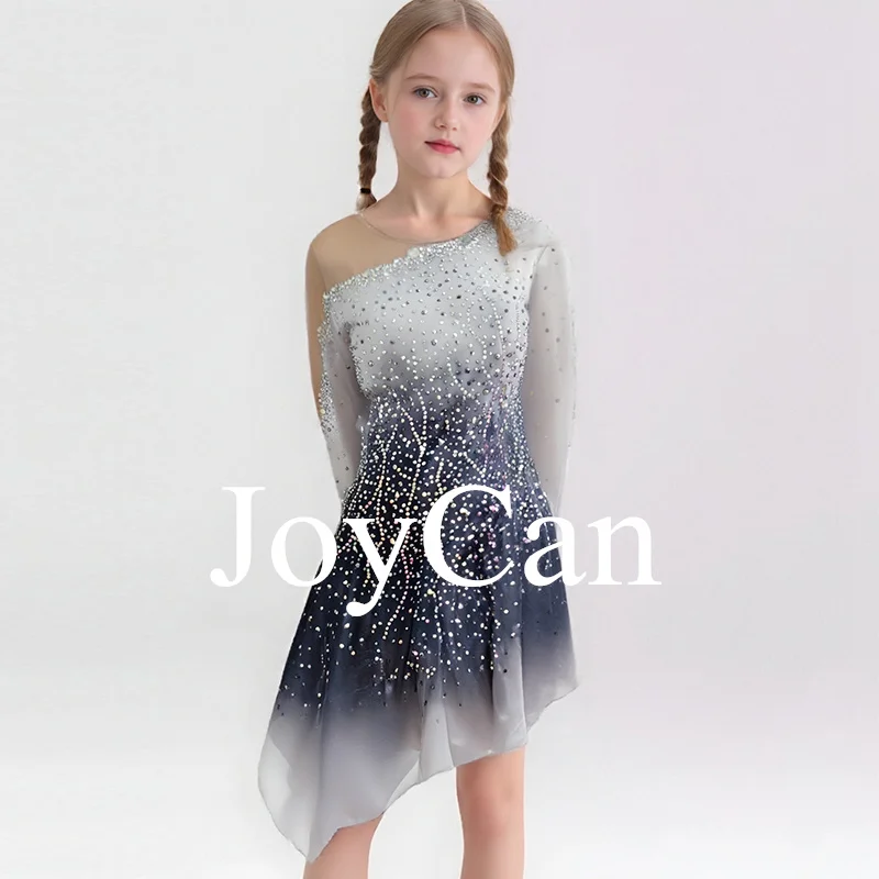 JoyCan Ice Figure  Skating  Dress Girls Gray Spandex Stretchy Mesh Competition Dance Wear Customized
