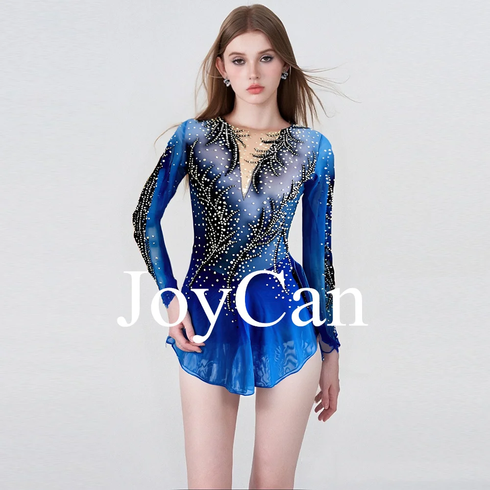 JoyCan Figure Skating Dress Girls Blue Print Sparkling Rhinestones Competition Performance Leotards Customize