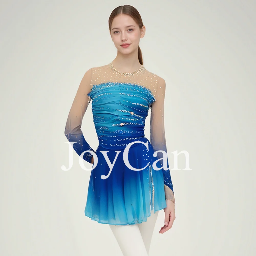 JoyCan Women's Professional Quality Girls Figure Ice Skating Dress Blue Ballet Dance Leotard with Diamonds Performance Wear