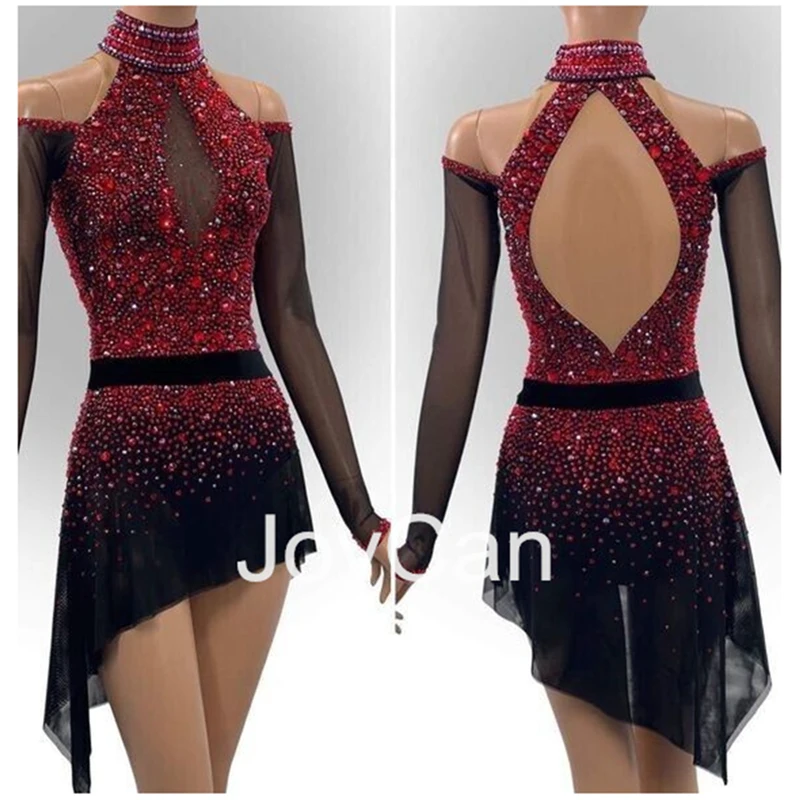 JoyCan Ice Figure  Skating  Dress Girls Blue Spandex Stretchy Mesh Competition Dance Wear Customized