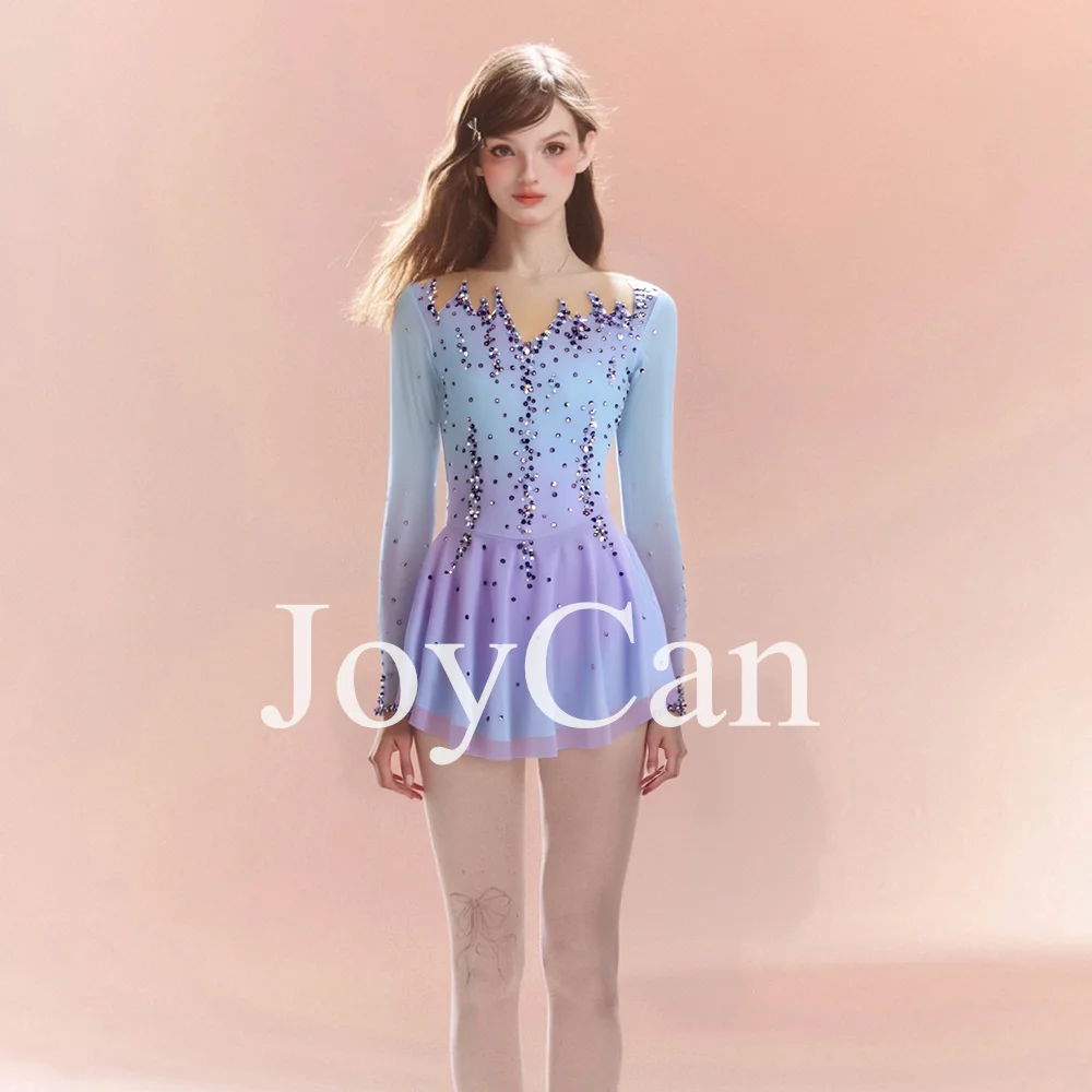 JoyCan Figure Skating Dress Girls Purple Print Sparkling Rhinestones Competition Performance Leotards Customize