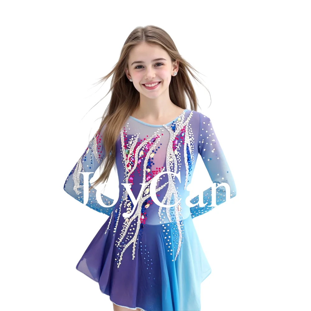 JoyCan Girls Ice Figure Skating Dress Long Sleeves Spandex Mesh Ballroom Performance Wear Latin Dance Costume