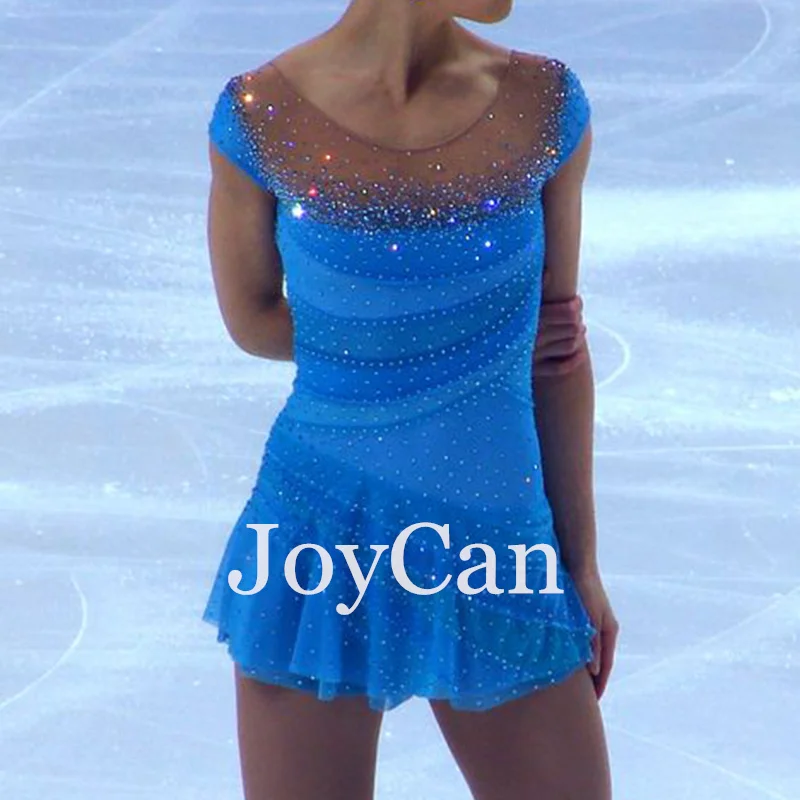 JoyCan Ice Figure  Skating  Dress Girls Blue Spandex Stretchy Competition Dance Wear Customized