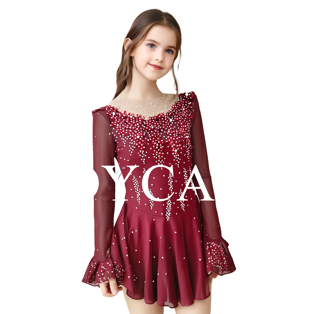 JoyCan Ice Figure Skating Dress Girls Red Spandex Stretchy Competition Dance Wear Customized