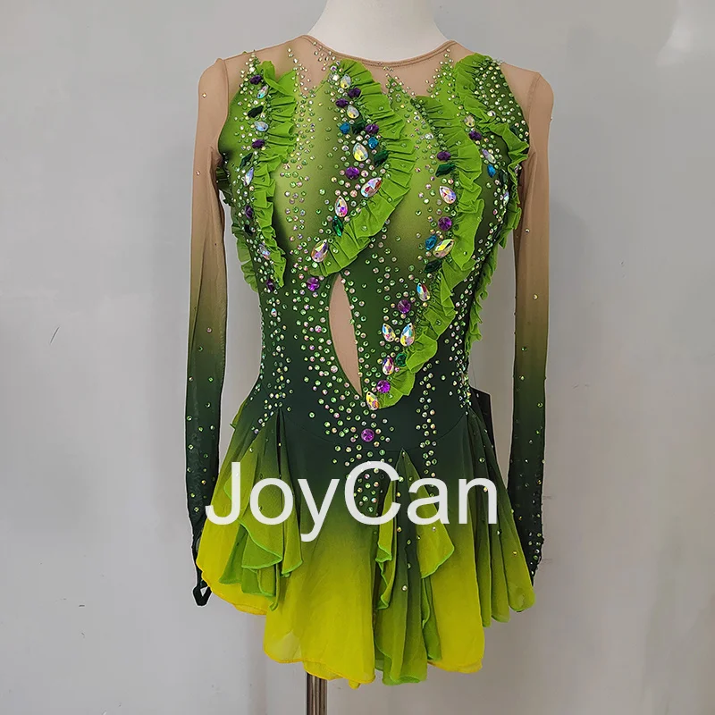 JoyCan Ice Figure  Skating  Dress Girls Green Spandex Stretchy Competition Dance Wear Customized
