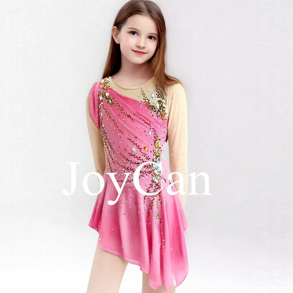 JoyCan Figure skating dress Girls Women Pink Spandex Elegant Dance Wear for Competitiion