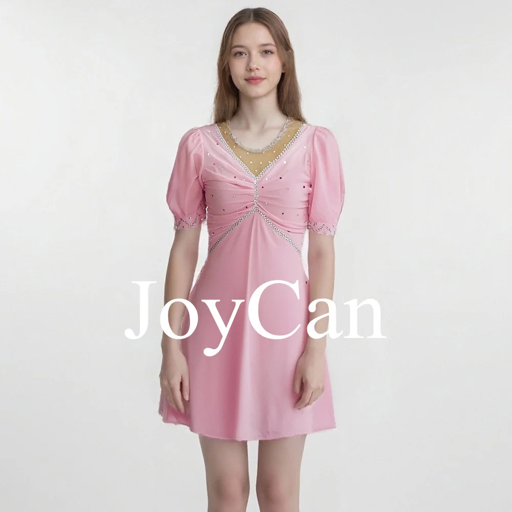JoyCan Girls Ice Figure Skating Dress Short Sleeves Spandex Mesh Ballroom Performance Wear Latin Dance Costume