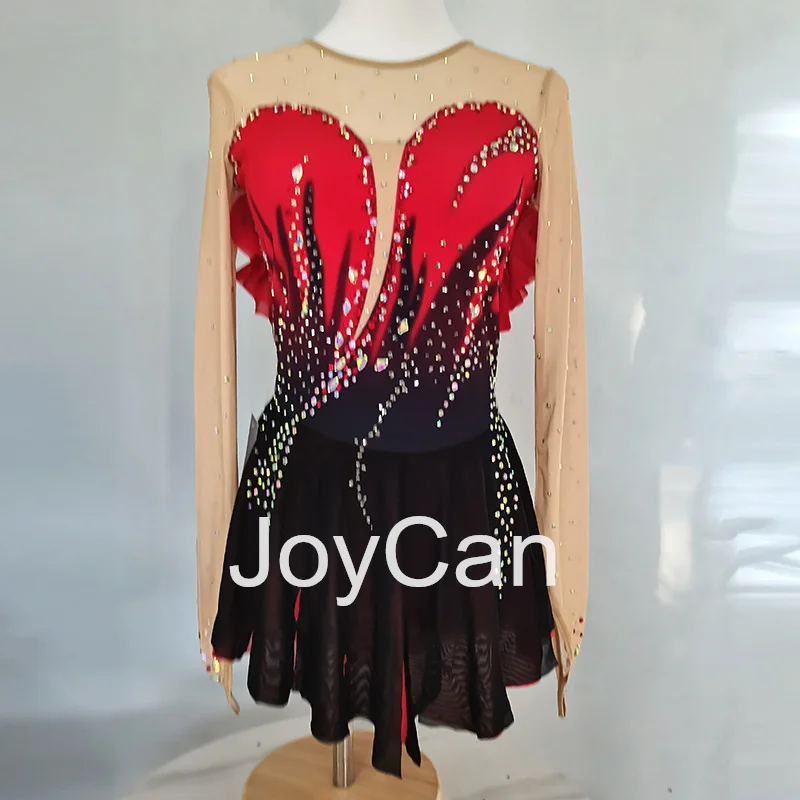 JoyCan Ice Figure  Skating  Dress Girls Red Spandex Stretchy Competition Dance Wear Customized