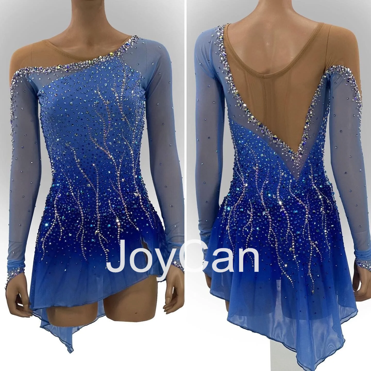 JoyCan Ice Figure  Skating  Dress Girls Blue Spandex Stretchy Mesh Competition Dance Wear Customized