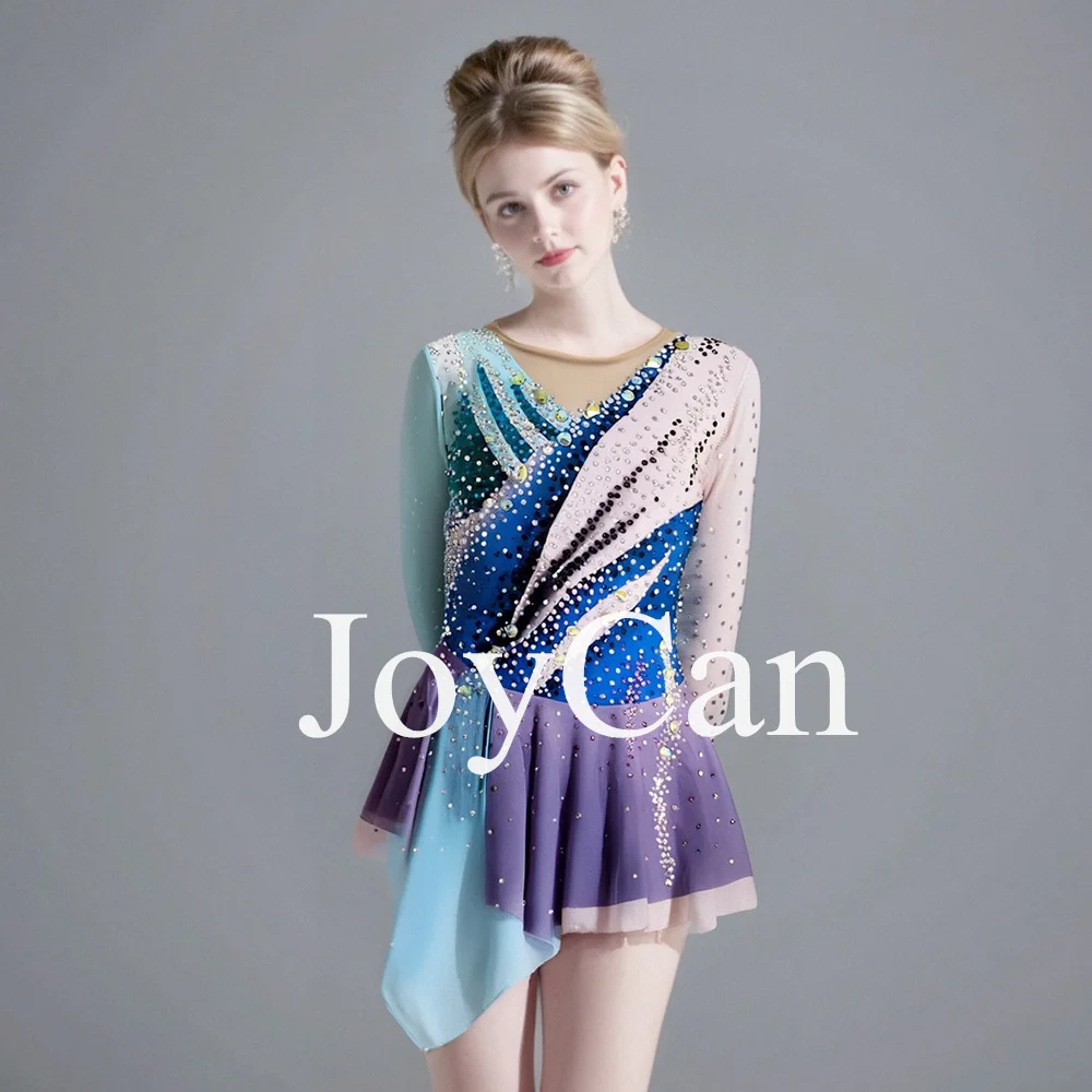 JoyCan  Figure Skating Dress Girls Purple Print Sparkling Rhinestones Competition Performance Leotards Customize