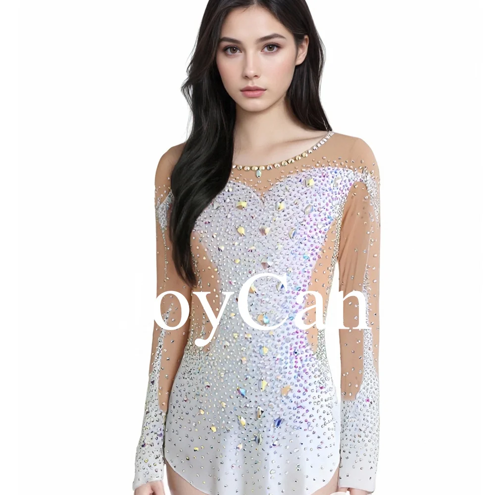 JoyCan Rhthmic Gymnastics Leotards Girls Women White Spandex Elegant Dance Wear for Competitiion