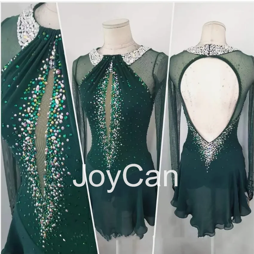 JoyCan Ice Figure  Skating  Dress Girls Green Spandex Stretchy Mesh Competition Dance Wear Customized