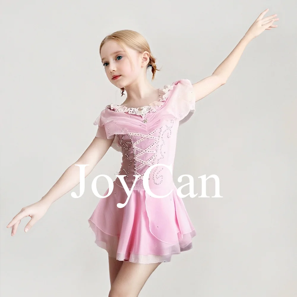 JoyCan Figure Skating Dress Girls Pink Spandex Elegant Dance Wear for Competitiion