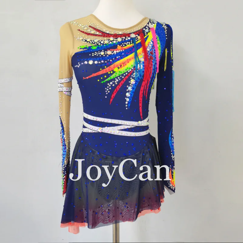 JoyCan Ice Figure Skating Dress Girls Blue Spandex Stretchy Competition Dance Wear Customized